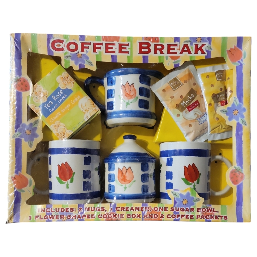 New Vtg Coffee Break Set 2 Mugs Creamer Sugar Bowl Cookie Box NIB